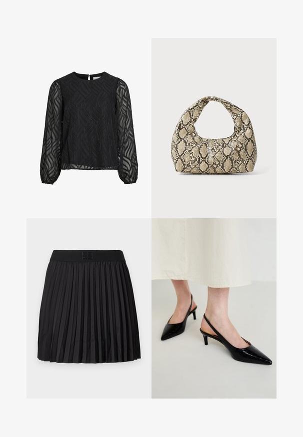 Black blouse featuring long sheer sleeves, textured leaf pattern, round neckline, and a small back keyhole clasp.; Black pleated skirt with a smooth texture, featuring a solid black waistband and an embossed logo detail at the front.; Black pointed-toe slingback heels with a textured croc pattern, slender heel, and open back design. Material appears shiny and sleek.; Snake-print handbag with a curved handle. Made from textured, beige and brown materials, featuring a distinctive diamond pattern.
