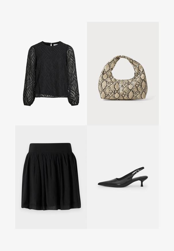 Melna blūze ar garām caurspīdīgām piedurknēm, teksturētu lapu rakstu, apļa izgriezumu un mazu atslēgu caurumu aizmugurē.; Melna auduma svārki ar platu jostas daļu, sakrustotu dizainu un izplestu formu. Tekstūra izskatās gluda ar vieglu apdari.; Melnas ādas slīdošās kurpes ar norādītu pirkstu un šauru, izliekta papēdi. Ar diskrētu regulējamu siksniņu ar metāla sprādzi.; Čūsku raksta soma ar izliekto rokturi. Izgatavota no teksturētiem, bēšiem un brūniem materiāliem, ar izteiksmīgu dimanta rakstu.