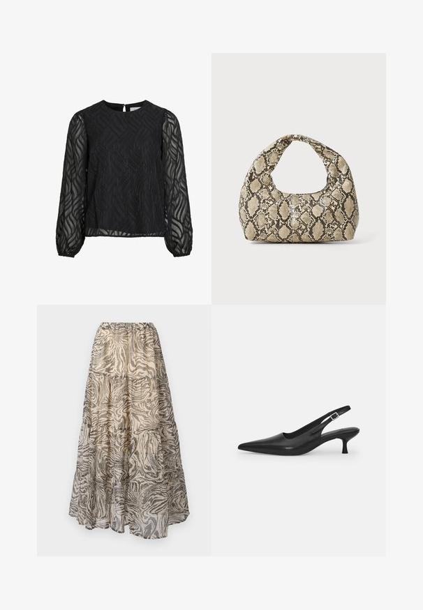 Bluză neagră cu mâneci lungi din voal, model texturat cu frunze, decolteu rotund și o clapetă mică la spate.; Fustă maxi stratificată dintr-un material ușor, cu un model în dungi zebrate bej și negru. Talie elastică pentru o ajustare confortabilă.; Sandal din piele neagră, cu vârf ascuțit și toc subțire, curbat. Are o curea ajustabilă discretă, cu o cataramă din metal.; Geantă cu imprimeu de șarpe, având un mâner curbat. Fabricată din materiale texturate, bej și maronii, cu un model distinctiv în formă de diamant.