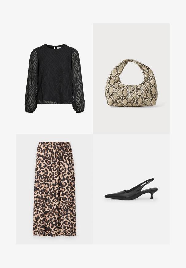 Sort bluse med lange gennemsigtige ærmer, struktureret bladmønster, rund halsudskæring og en lille nøglehulsknap bagpå.; Leopardmønstret nederdel i beige og sort, lavet af letvægtsstof. Har en elastisk talje og et strømmende A-line design.; Sort læder slingback-sko med spids tå og en slank, buet hæl. Har en diskret justerbar rem med en metalspænde.; Slangeprint håndtaske med et buet håndtag. Lavet af strukturerede, beige og brune materialer, med et karakteristisk diamantmønster.