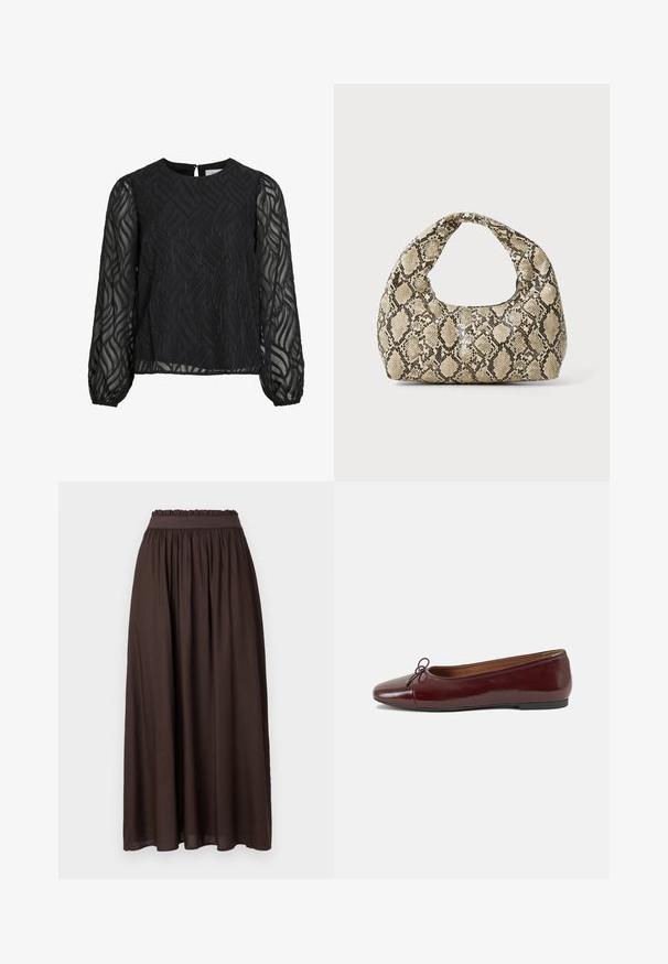 Black blouse featuring long sheer sleeves, textured leaf pattern, round neckline, and a small back keyhole clasp.; Brown, ankle-length skirt made of smooth fabric. Elastic waistband with gathered texture, offering a relaxed fit. Simple design, no patterns.; Burgundy patent leather ballet flat with a rounded toe, small bow accent at the front, and a low, black rubber sole. Smooth texture.; Snake-print handbag with a curved handle. Made from textured, beige and brown materials, featuring a distinctive diamond pattern.