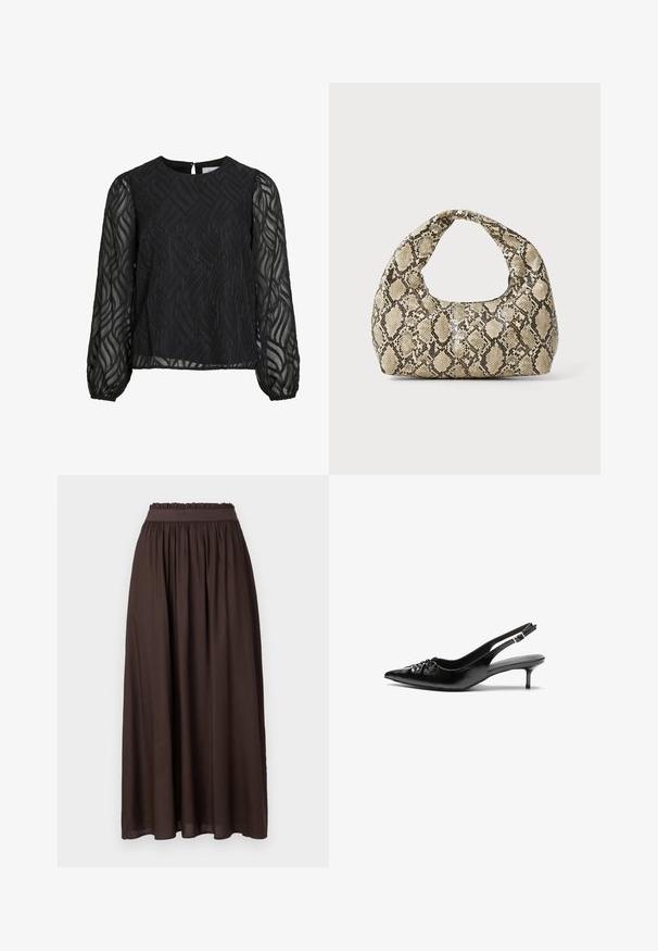 Black blouse featuring long sheer sleeves, textured leaf pattern, round neckline, and a small back keyhole clasp.; Brown, ankle-length skirt made of smooth fabric. Elastic waistband with gathered texture, offering a relaxed fit. Simple design, no patterns.; Black leather slingback heels with a pointed toe, small kitten heel, and a decorative knot detail on the front. Smooth texture throughout.; Snake-print handbag with a curved handle. Made from textured, beige and brown materials, featuring a distinctive diamond pattern.