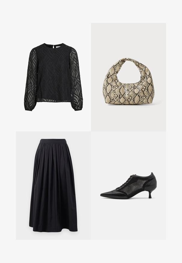 Schwarze Bluse mit langen durchsichtigen Ärmeln, strukturiertem Blättermuster, rundem Halsausschnitt und einem kleinen Schlitz mit Knopfverschluss auf der Rückseite.; Schwarzer, knielanger Rock aus leichtem Stoff mit einem breiten, gerafften Bund und plissiertem Design, das eine volle Silhouette erzeugt.; Schwarzer spitzer Schuh mit einem Mesh-Panel-Design, ausgestattet mit einem niedrigen Absatz und einer Schnürung vorne. Hergestellt aus einer Kombination von Leder und Mesh-Material.; Schlangenmuster-Tasche mit einem gebogenen Griff. Hergestellt aus strukturierten, beige- und braunfarbenen Materialien, die ein markantes Diamantmuster aufweisen.