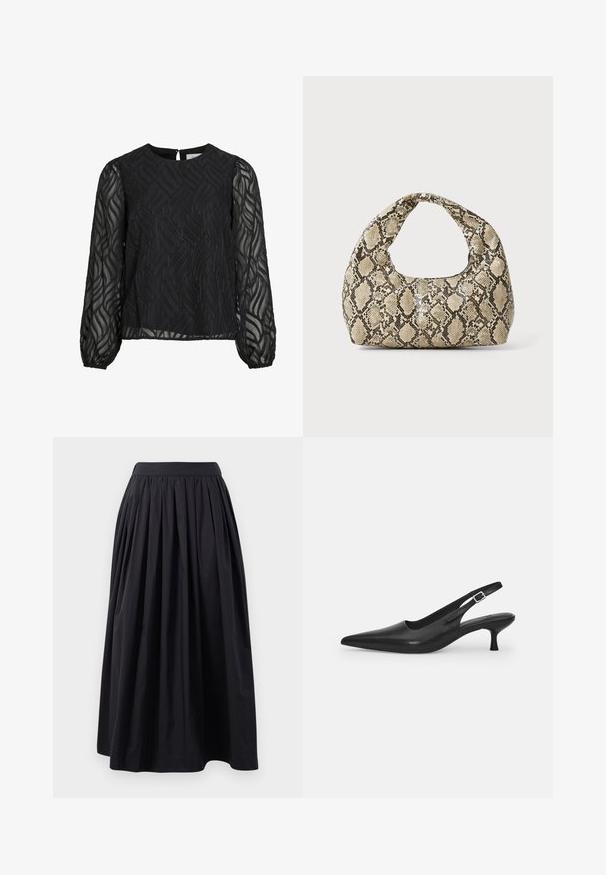 Blusa nera con maniche lunghe in trasparente, motivo a foglia testurizzato, scollo rotondo e piccolo gancio a chiave sul retro.; Gonna nera al ginocchio realizzata in tessuto leggero con una ampia cintura arricciata e un design plissettato, che offre una silhouette ampia.; Scarpa slingback nera in pelle con punta affusolata e tacco sottile e curvato. Presenta una discreta fascia regolabile con una fibbia in metallo.; Borsa a stampa rettile con manico curvo. Realizzata in materiali testurizzati beige e marroni, presenta un distintivo motivo a rombi.