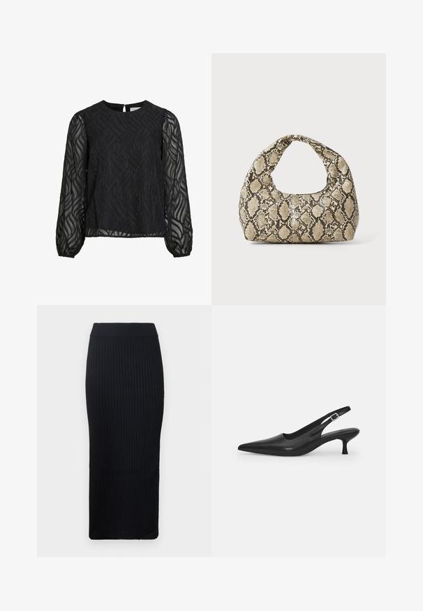 Svart blus med långa genomskinliga ärmar, texturerat bladmönster, rund halsringning och en liten nyckelhålsknapp bak.; Svart ribbad midikjol med figurnära silhuett, bred midjeresår och texturerat tyg. Slät yta utan synliga mönster eller detaljer.; Svart läder slingback-sandalett med spetstopp och en smal, böjd klack. Har ett diskret justerbart rem med en metallspänne.; Väskan i ormtryck har ett böjt handtag. Den är tillverkad av strukturerade, beige och bruna material och har ett distinkt diamantsmönster.