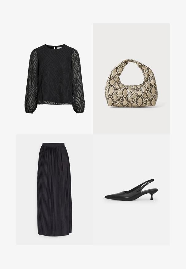 Blusa preta com mangas longas transparentes, padrão texturizado de folhas, decote redondo e um pequeno fecho em forma de gota nas costas.; Saia maxi preta plissada com um tecido texturizado, apresentando um cós largo e pregas verticais que se estendem até a bainha.; Shoe slingback preta em pele com bico fino e um salto slim e curvado. Apresenta uma tira ajustável discreta com uma fivela de metal.; Bolsa com padrão de pele de cobra e uma alça curva. Feita de materiais texturizados em bege e castanho, apresentando um padrão de diamante distintivo.