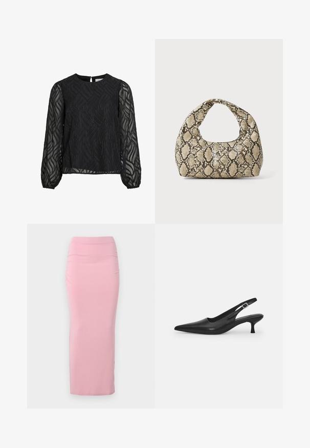 Mustmust, millel on pikad läbipaistvad varrukad, tekstuuriga lehe muster, ümmargune kaelus ja väike tagumine võtmeauk.; Kerge roosa, pikk, keha ligi jääv seelik, mis on valmistatud venivast kangast. Omab siledat tekstuuri ja peent kogumist ühel küljel. Ilma kaunistusteta.; Mustmustast musta nahast slingback king, millel on terav varvas ja kitsas, kumer konts. Omab diskreetset reguleeritavat rihma metallist pandlaga.; Musta käärmeprindiga kott kõveraga käepidemega. Valmistatud tekstiilsetest, beežidest ja pruunidest materjalidest, millel on iseloomulik rombikujuline muster.