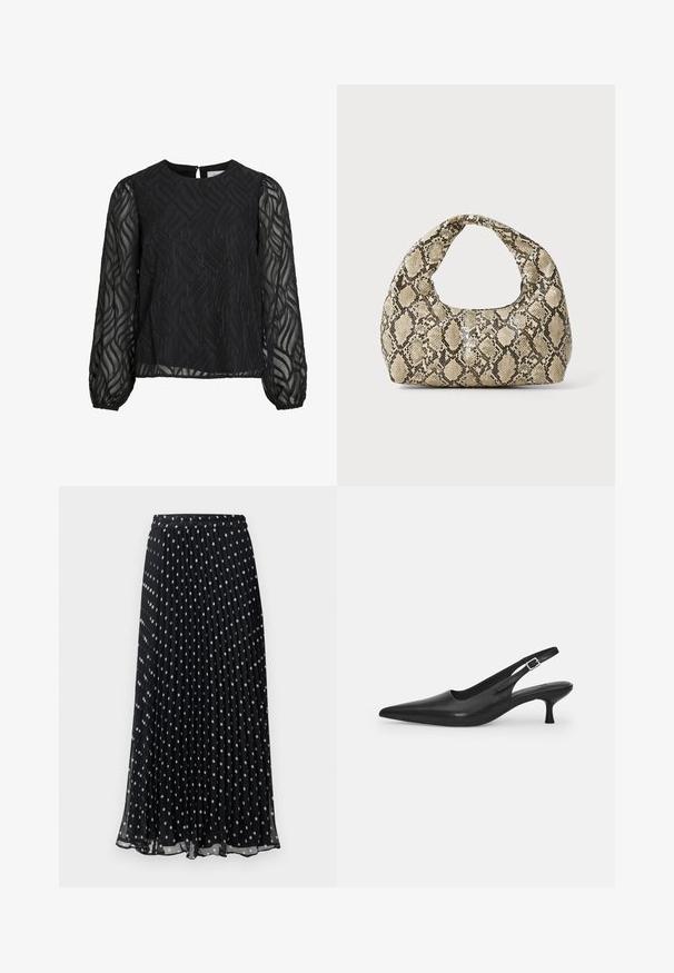Svart bluse med lange gjennomsiktige ermer, teksturert bladmønster, rund halslinning og en liten nøkkelhullsklaff bak.; Svart, plisserad midikjol med ett prickigt mönster i vitt, som har resårmidja för flexibel passform. Lätt, flödande tyg.; Svart lær slingback sko med spiss tå og smal, buet hæl. Har en diskret justerbar rem med en metallspenne.; Veske med slangeskinnmønster og krummet håndtak. Laget av teksturerte, beige og brune materialer, med et særegent diamantmønster.