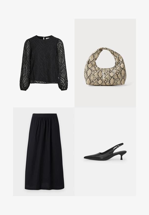Čierna blúzka s dlhými priesvitnými rukávmi, textúrovaným listovým vzorom, okrúhlym výstrihom a malým očkem na zapínanie na chrbte.; Čierna midi sukňa s gumičkovým elastickým pásom, hladkým povrchom a voľným siluetou, navrhnutá pre pohodlie a ľahký pohyb.; Čierne kožené sandále s úzkym špičatým prstom a štíhlym zakriveným podpätkom. Majú diskrétny nastaviteľný popruh s kovovou sponou.; Kabelka s hadím vzorom a zakriveným rukoväťou. Vyrobená z textúrovaných béžových a hnedých materiálov, s charakteristickým diamantovým vzorom.