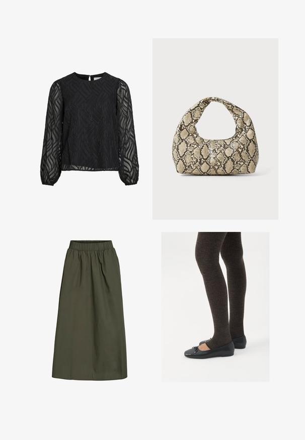Černá blůza se dlouhými průsvitnými rukávy, texturovaným listovým vzorem, kulatým výstřihem a malým klíčovým otvorem na zadní straně.; Olivově zelená sukně ke kotníkům s nařaseným elastickým pasem a hladkým, mírně pomačkaným povrchem.; Černé ploché boty s malou mašlí na špičce, kombinované s tmavě hnědými žebrovanými punčochami. Boty mají hladký povrch a nízký profil.; Kabelka s hadím vzorem a zakřiveným držadlem. Vyrobena z texturovaných béžových a hnědých materiálů, s charakteristickým diamantovým vzorem.
