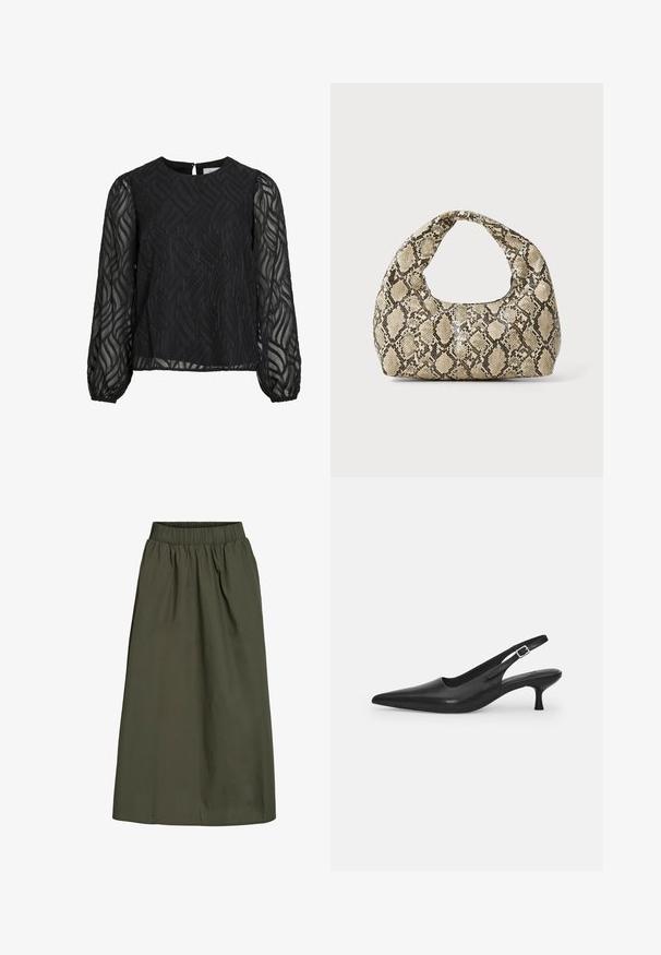 Bluză neagră cu mâneci lungi din voal, model texturat cu frunze, decolteu rotund și o clapetă mică la spate.; Fustă verde măslin, până la gleznă, cu un tiv elastic strâns și o textură de țesătură netedă, ușor șifonată.; Sandal din piele neagră, cu vârf ascuțit și toc subțire, curbat. Are o curea ajustabilă discretă, cu o cataramă din metal.; Geantă cu imprimeu de șarpe, având un mâner curbat. Fabricată din materiale texturate, bej și maronii, cu un model distinctiv în formă de diamant.