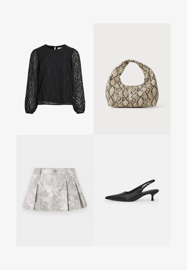 Fekete blúz hosszú áttetsző ujakkal, textúrált levélmintával, kerek nyakkivágással és kis hátsó gombolással.; Szürke farmer szoknya plissékkel, finom levélmintával világosabb árnyalatokban. Klasszikus szabás, derékpánttal és fém gombos záródással.; Fekete bőr szandálcipő hegyes orral és karcsú, ívelt sarokkal. Diszkrét, állítható pánttal rendelkezik, fém csattal.; Kígyómintás kézitáska ívelt fogantyúval. Texturált, bézs és barna anyagból készült, jellegzetes gyémántmintával.