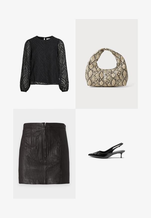 Melna blūze ar garām caurspīdīgām piedurknēm, teksturētu lapu rakstu, apļa izgriezumu un mazu atslēgu caurumu aizmugurē.; Melna ādas mini svārku ar priekšējo rāvējslēdzēju un izteiktām vertikālām šuvēm uz vienkrāsaina fona.; Melni ādas sandales ar norādītu pirkstu, mazu kaķa papēdi un dekoratīvu mezglu detaļu priekšā. Gluda tekstūra visā virsmā.; Čūsku raksta soma ar izliekto rokturi. Izgatavota no teksturētiem, bēšiem un brūniem materiāliem, ar izteiksmīgu dimanta rakstu.