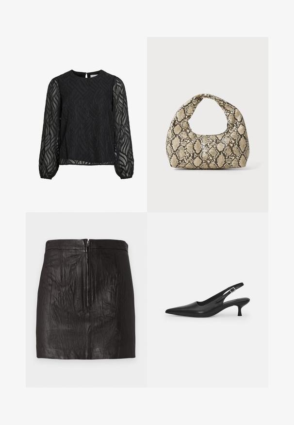 Svart bluse med lange gjennomsiktige ermer, teksturert bladmønster, rund halslinning og en liten nøkkelhullsklaff bak.; Svart skinn mini-skjørt med glidelås foran og subtile vertikale sømdetaljer mot en ensfarget bakgrunn.; Svart lær slingback sko med spiss tå og smal, buet hæl. Har en diskret justerbar rem med en metallspenne.; Veske med slangeskinnmønster og krummet håndtak. Laget av teksturerte, beige og brune materialer, med et særegent diamantmønster.