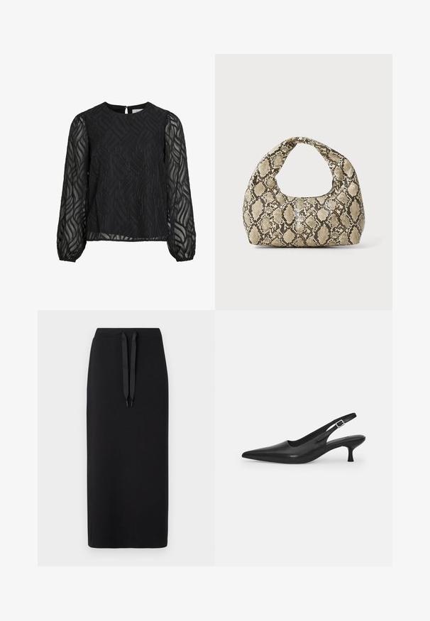 Svart bluse med lange gjennomsiktige ermer, teksturert bladmønster, rund halslinning og en liten nøkkelhullsklaff bak.; Svart midi skjørt laget av myk stoff, med snor i livet. Enkelt design med en rett silhuett og uten ekstra mønstre.; Svart lær slingback sko med spiss tå og smal, buet hæl. Har en diskret justerbar rem med en metallspenne.; Veske med slangeskinnmønster og krummet håndtak. Laget av teksturerte, beige og brune materialer, med et særegent diamantmønster.