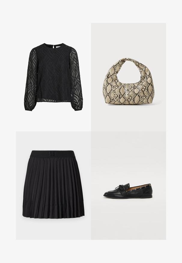 Μαύρη μπλούζα με μακριά διάφανα μανίκια, υφασμάτινο σχέδιο φύλλου, στρογγυλή λαιμόκοψη και μικρό κλείσιμο με κλειδί στο πίσω μέρος.; Μαύρη πλισέ φούστα με λεία υφή, διαθέτει απλή μαύρη ζώνη και ανάγλυφο λογότυπο στο μπροστινό μέρος.; Μαύρες δερμάτινες μπαλαρίνες με σφιχτό φιόγκο, με χρυσές οπές στα πλάγια και επίπεδη ελαστική σόλα. Λείος υφής, κλασικός σχεδιασμός.; Τσάντα σε σχέδιο φίδι με καμπυλωτή λαβή. Φτιαγμένη από υλικά με υφή, σε μπεζ και καφέ αποχρώσεις, με ξεχωριστό διαμαντένιο σχέδιο.