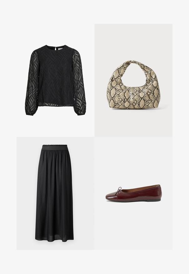 Blusa negra con mangas largas translúcidas, patrón texturizado de hojas, escote redondo y un pequeño cierre en forma de ojo de cerradura en la parte posterior.; Falda negra de longitud media hecha de tela ligera, con una cinturilla elástica y una silueta fluida de textura suave.; Bailarina de charol burdeos con punta redonda, pequeño lazo en la parte frontal y una suela baja de goma negra. Textura suave.; Bolso de mano con estampado de serpiente y asa curvada. Hecho de materiales texturizados en tonos beige y marrón, con un patrónen diamante distintivo.
