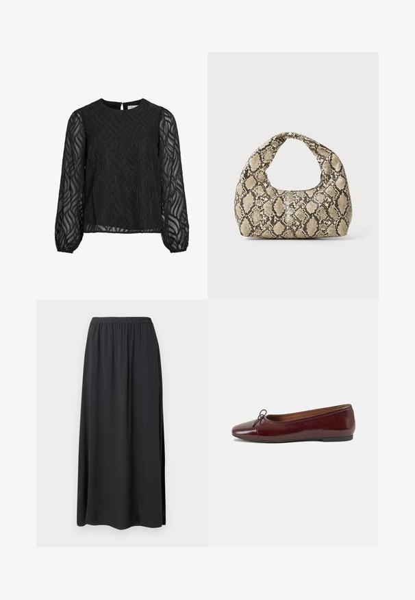 Čierna blúzka s dlhými priesvitnými rukávmi, textúrovaným listovým vzorom, okrúhlym výstrihom a malým očkem na zapínanie na chrbte.; Čierna maxi sukňa vyrobená z mäkkého, splývavého materiálu. Obsahuje elastický pás a bočné rozparky, čo zabezpečuje pohodlný strih a siluetu.; Burgundské lakované balerínky s okrúhlou špičkou, malou mašľou na prednej strane a nízkou čiernou gumovou podrážkou. Hladký povrch.; Kabelka s hadím vzorom a zakriveným rukoväťou. Vyrobená z textúrovaných béžových a hnedých materiálov, s charakteristickým diamantovým vzorom.