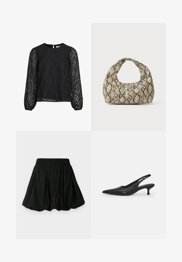 Juoda bluzelė su ilgais permatomais rankovėmis, tekstūruotu lapų raštu, apvalia iškirpte ir mažu užsegimu gale.; Juoda sijonas su elastinga juostele, turintis klostuotą dizainą. Medžiaga atrodo lengva ir turi lygų paviršių.; Juodos odinės slingback bateliai su smailiu nosiu ir plonu, lenktu kulnu. Yra diskretiška reguliuojama juostelė su metaliniu sagtimi.; Gyvatės rašto rankinė su kreiviu rankenėle. Pagaminta iš tekstūruotų smėlio ir rudos spalvos medžiagų, su išskirtiniu rombo raštu.