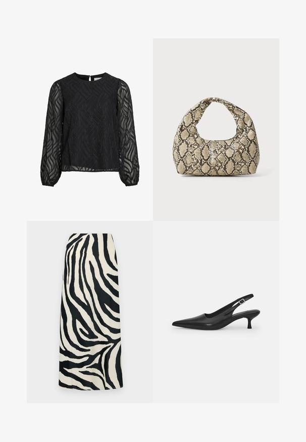 Fekete blúz hosszú áttetsző ujakkal, textúrált levélmintával, kerek nyakkivágással és kis hátsó gombolással.; Fekete-fehér zebra csíkos maxi szoknya sima textúrával, magas derékkal és egyenes siluettal.; Fekete bőr szandálcipő hegyes orral és karcsú, ívelt sarokkal. Diszkrét, állítható pánttal rendelkezik, fém csattal.; Kígyómintás kézitáska ívelt fogantyúval. Texturált, bézs és barna anyagból készült, jellegzetes gyémántmintával.