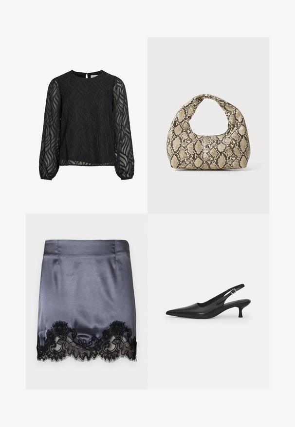 Svart bluse med lange gjennomsiktige ermer, teksturert bladmønster, rund halslinning og en liten nøkkelhullsklaff bak.; Grå satinminiskjørt med svart blonderkant nederst med blomsterdesign. Jevn tekstur, tettsittende design og rene sømmer.; Svart lær slingback sko med spiss tå og smal, buet hæl. Har en diskret justerbar rem med en metallspenne.; Veske med slangeskinnmønster og krummet håndtak. Laget av teksturerte, beige og brune materialer, med et særegent diamantmønster.