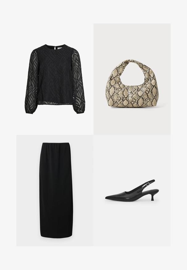 Blouse noire à manches longues transparentes, avec un motif de feuilles texturé, un col rond et une petite attache en forme de clé au dos.; Jupe noire en tissu midi avec une taille élastique. Réalisée dans un tissu lisse, elle présente une coupe droite sans motifs ni ornements supplémentaires.; Chaussure slingback en cuir noir avec un bout pointu et un talon fin et incurvé. Dispose d'une sangle ajustable discrète avec une boucle en métal.; Sac à main en motif serpent avec une poignée incurvée. Fabriqué à partir de matériaux texturés beiges et bruns, présentant un motif en diamant distinctif.