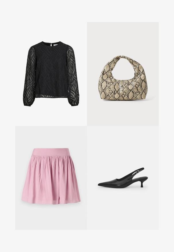 Černá blůza se dlouhými průsvitnými rukávy, texturovaným listovým vzorem, kulatým výstřihem a malým klíčovým otvorem na zadní straně.; Světle růžová rozšířená sukně s elastickým pasem a nařasenou tkaninou, s hladkým povrchem a délku ke kolenům. Bez vzorů nebo akcentů.; Černá kožená nazouvací bota se špičatou špičkou a štíhlým zakřiveným podpatkem. Obsahuje diskrétní nastavitelný pásek s kovovou sponou.; Kabelka s hadím vzorem a zakřiveným držadlem. Vyrobena z texturovaných béžových a hnědých materiálů, s charakteristickým diamantovým vzorem.