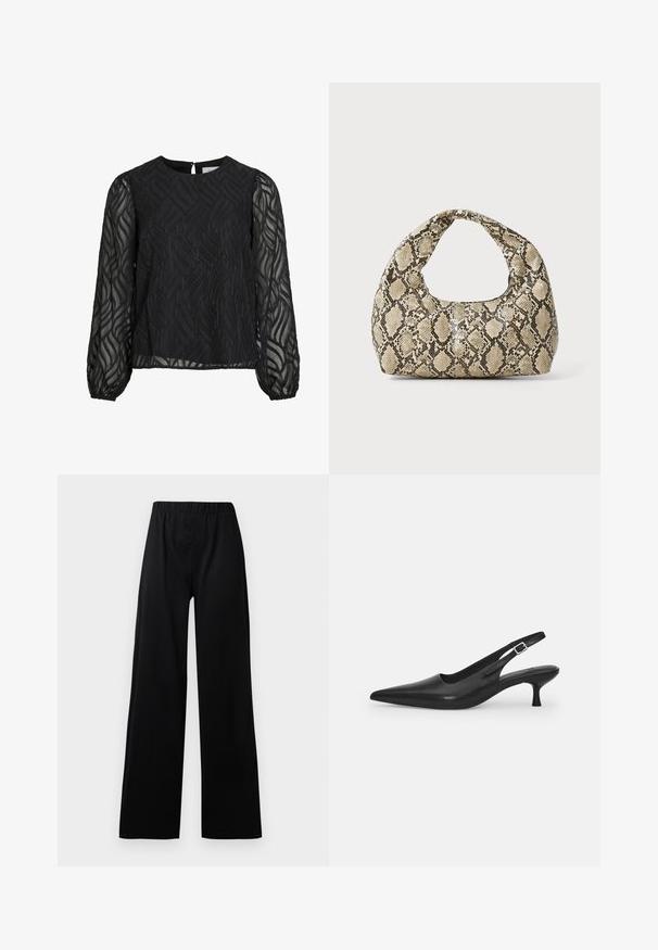 Juoda bluzelė su ilgais permatomais rankovėmis, tekstūruotu lapų raštu, apvalia iškirpte ir mažu užsegimu gale.; Juodos plačios kelnes su elastine juosta; pagamintos iš tekstūruoto audinio, pasižyminčios minimalistiniu dizainu ir tiesiais šonais.; Juodos odinės slingback bateliai su smailiu nosiu ir plonu, lenktu kulnu. Yra diskretiška reguliuojama juostelė su metaliniu sagtimi.; Gyvatės rašto rankinė su kreiviu rankenėle. Pagaminta iš tekstūruotų smėlio ir rudos spalvos medžiagų, su išskirtiniu rombo raštu.