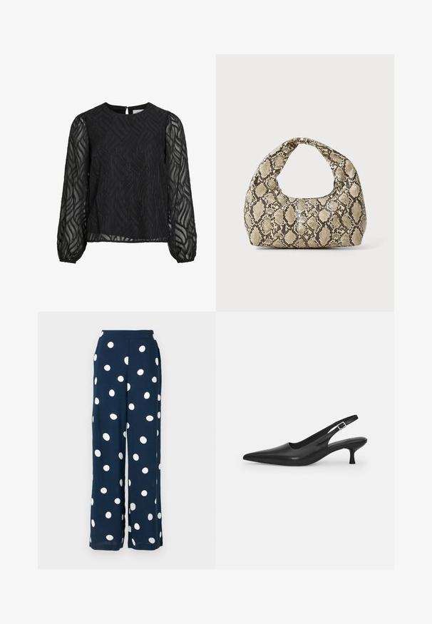 Crna bluza s dugim prozirnim rukavima, teksturiranim uzorkom lišća, okruglim izrezom i malim dugmadi na leđima.; Mornarsko široke hlače napravljene od lagane tkanine, s velikim bijelim točkicama, glatkom gumicom u struku i opuštenim krojem.; Crne kožne slingback cipele s oštrim nosom i uskim, zakrivljenim potplatom. Imaju diskretnu podesivu traku s metalnom kopčom.; Torba s uzorkom zmije s zakrivljenom drškom. Izrađena od teksturiranih materijala u bež i smešnim tonovima, sa karakterističnim dijamantnim uzorkom.
