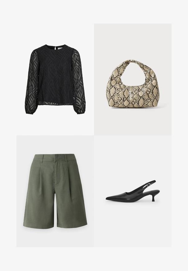 Črna bluzica z dolgimi prosojnimi rokavi, teksturiranim vzorcem listov, okroglim ovratnikom in majhnim ključavnico na hrbtu.; Zelena kratka hlače iz teksturirane tkanine. Imajo sprednje nabore, stranske žepke in raven kroj, s koncem tik nad kolenom.; Črne usnjene sandale z odprtim peto in konično oblikovanim prstom ter ozkim, ukrivljenim petnim delom. Imajo diskretno nastavljivo zaponko z kovinsko sponko.; Torba z vzorom kače s ukrivljenim ročajem. Narejena iz teksturiranih, bež in rjavih materialov, ki imajo značilen diamante vzorec.