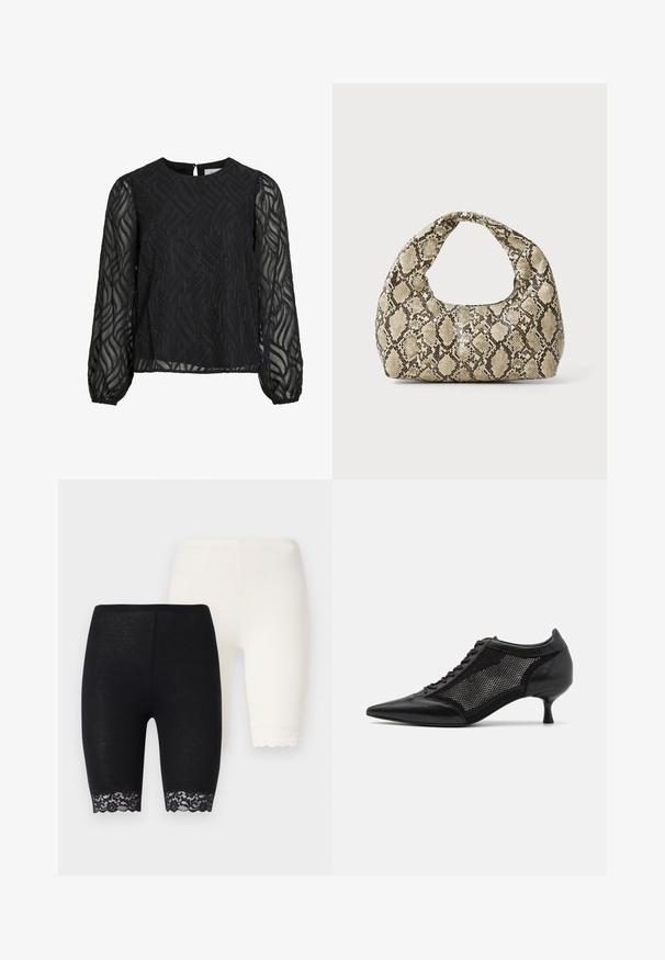 Black blouse featuring long sheer sleeves, textured leaf pattern, round neckline, and a small back keyhole clasp.; Black and white stretch shorts with lace detailing at the hems. The black pair features a floral lace pattern, while the white pair has solid trim.; Black pointed-toe shoe with a mesh panel design, featuring a low heel and lace-up front. Made from a combination of leather and mesh material.; Snake-print handbag with a curved handle. Made from textured, beige and brown materials, featuring a distinctive diamond pattern.