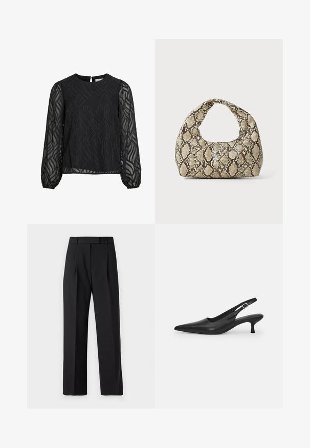 Fekete blúz hosszú áttetsző ujakkal, textúrált levélmintával, kerek nyakkivágással és kis hátsó gombolással.; Fekete, bő szárú nadrág sima anyagtextúrával, magas derékkal, elől redőkkel, látható fémrészek vagy minták nélkül.; Fekete bőr szandálcipő hegyes orral és karcsú, ívelt sarokkal. Diszkrét, állítható pánttal rendelkezik, fém csattal.; Kígyómintás kézitáska ívelt fogantyúval. Texturált, bézs és barna anyagból készült, jellegzetes gyémántmintával.