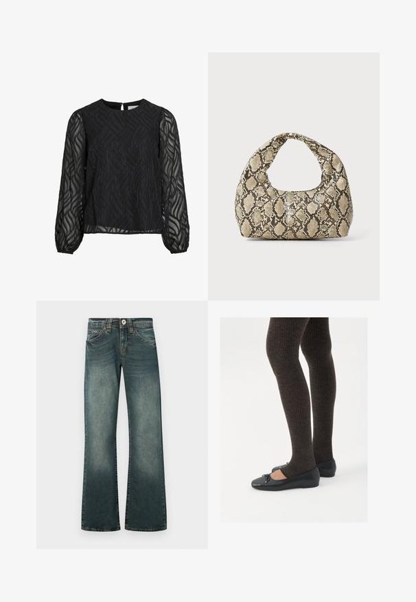 Blusa preta com mangas longas transparentes, padrão texturizado de folhas, decote redondo e um pequeno fecho em forma de gota nas costas.; Calças jeans unissexo de perna larga em ganga azul escura com detalhes desbotados, apresentando um fecho clássico de botões e bolsos frontais.; Sapatos planos pretos com um pequeno laço na ponta, emparelhados com meias-calças caneladas castanhas escuras. Os sapatos têm uma textura suave e um design discretamente baixo.; Bolsa com padrão de pele de cobra e uma alça curva. Feita de materiais texturizados em bege e castanho, apresentando um padrão de diamante distintivo.