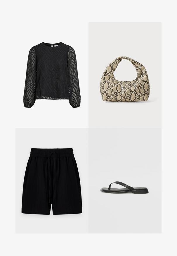 Svart bluse med lange gjennomsiktige ermer, teksturert bladmønster, rund halslinning og en liten nøkkelhullsklaff bak.; Svarte shorts laget av lett stoff med snor i midjen, med sidelommer og en teksturert overflate.; Sorte flip-flop laget av glatt lær, med en tynn stroppdesign og en flat såle med et minimalistisk utseende. Ingen bemerkelsesverdige mønstre eller aksenter.; Veske med slangeskinnmønster og krummet håndtak. Laget av teksturerte, beige og brune materialer, med et særegent diamantmønster.