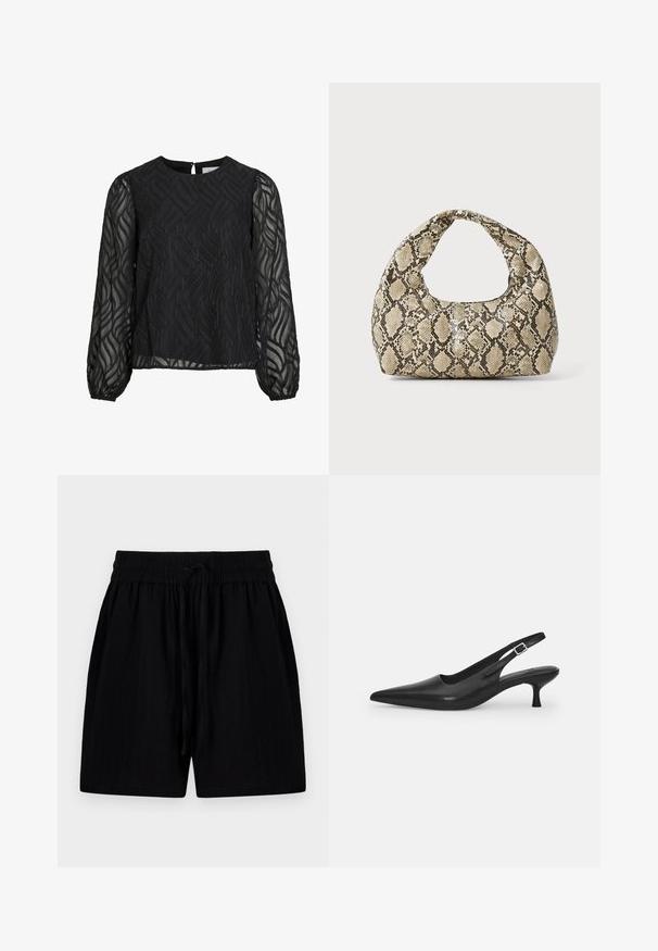 Blusa negra con mangas largas translúcidas, patrón texturizado de hojas, escote redondo y un pequeño cierre en forma de ojo de cerradura en la parte posterior.; Bermudas negras hechas de tejido ligero con una cinturilla ajustable, que cuentan con bolsillos laterales y una superficie texturizada.; Zapato negro de piel tipo slingback con punta afilada y un tacón delgado y curvado. Presenta una correa ajustable discreta con una hebilla de metal.; Bolso de mano con estampado de serpiente y asa curvada. Hecho de materiales texturizados en tonos beige y marrón, con un patrónen diamante distintivo.