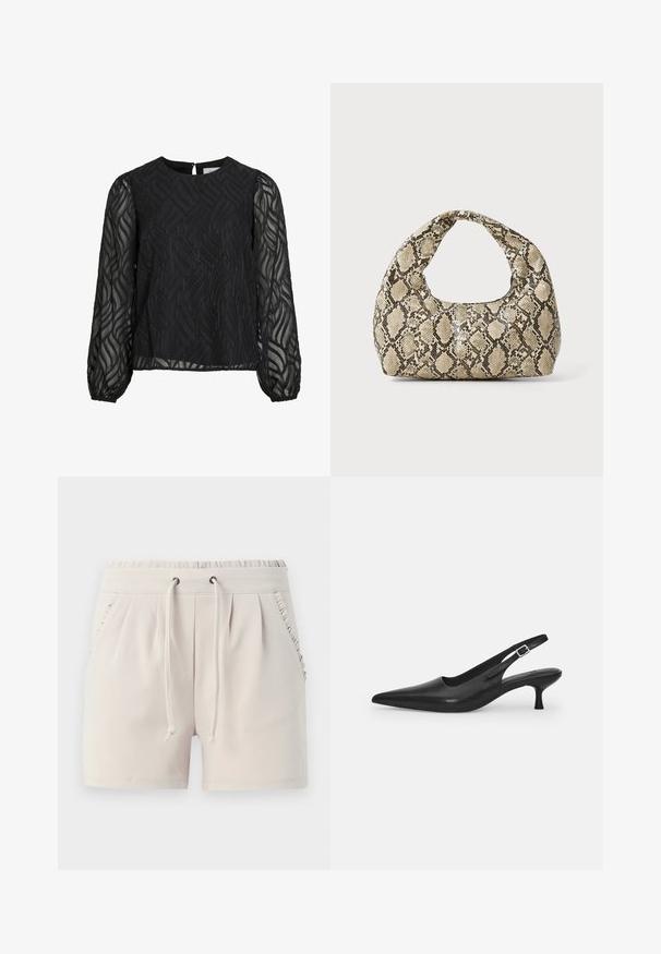Černá blůza se dlouhými průsvitnými rukávy, texturovaným listovým vzorem, kulatým výstřihem a malým klíčovým otvorem na zadní straně.; Světle béžové šortky s elastickým pasem, šňůrkou na stažení, bočními kapsami a volánkovým detailem kolem okrajů kapes. Měkká textilní struktura.; Černá kožená nazouvací bota se špičatou špičkou a štíhlým zakřiveným podpatkem. Obsahuje diskrétní nastavitelný pásek s kovovou sponou.; Kabelka s hadím vzorem a zakřiveným držadlem. Vyrobena z texturovaných béžových a hnědých materiálů, s charakteristickým diamantovým vzorem.