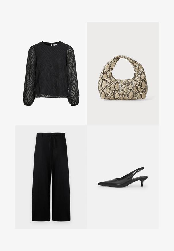 Črna bluzica z dolgimi prosojnimi rokavi, teksturiranim vzorcem listov, okroglim ovratnikom in majhnim ključavnico na hrbtu.; Široke črne lanene hlače z elastičnim pasom in gumbom. Imajo gladko teksturo in tekočo silhueto.; Črne usnjene sandale z odprtim peto in konično oblikovanim prstom ter ozkim, ukrivljenim petnim delom. Imajo diskretno nastavljivo zaponko z kovinsko sponko.; Torba z vzorom kače s ukrivljenim ročajem. Narejena iz teksturiranih, bež in rjavih materialov, ki imajo značilen diamante vzorec.