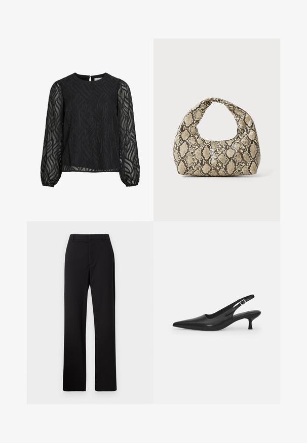 Mustmust, millel on pikad läbipaistvad varrukad, tekstuuriga lehe muster, ümmargune kaelus ja väike tagumine võtmeauk.; Mustad mustad püksid, sirge jalgadega disain, sile kangas peene tekstuuriga, millel on tavaline vöökoht ja nähtamatud taskud.; Mustmustast musta nahast slingback king, millel on terav varvas ja kitsas, kumer konts. Omab diskreetset reguleeritavat rihma metallist pandlaga.; Musta käärmeprindiga kott kõveraga käepidemega. Valmistatud tekstiilsetest, beežidest ja pruunidest materjalidest, millel on iseloomulik rombikujuline muster.