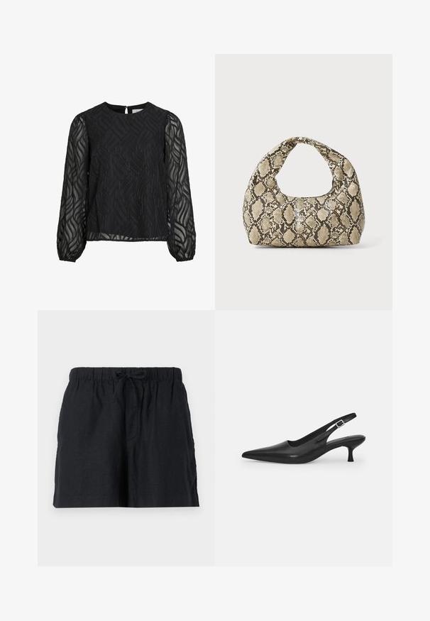Sort bluse med lange gennemsigtige ærmer, struktureret bladmønster, rund halsudskæring og en lille nøglehulsknap bagpå.; Sorte linnedesign shorts med elastisk talje og snor. Har sidelommer og et afslappet fit.; Sort læder slingback-sko med spids tå og en slank, buet hæl. Har en diskret justerbar rem med en metalspænde.; Slangeprint håndtaske med et buet håndtag. Lavet af strukturerede, beige og brune materialer, med et karakteristisk diamantmønster.