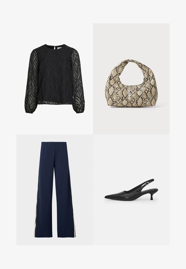 Musta paita, jossa on pitkät läpinäkyvät hihat, teksturoitu lehtikuvio, pyöreä pääntie ja pieni avoventtiili takana.; Merah tua celana lebar dibuat dari kain yang lembut, menampilkan garis samping berwarna beige. Pita pinggang elastis untuk kenyamanan dan kemudahan pemakaian.; Mustan nahkainen slingback-kengät, joissa on terävä nenä ja kapea, kaareva korko. Varustettu huomaamattomalla säädettävällä hihnalla, jossa on metallinen solki.; Käärmeennahkakuosiset käsilaukku, jossa on kaareva kahva. Tehty teksturoiduista beigeistä ja ruskeista materiaaleista, joissa on erottuva timanttikuvio.