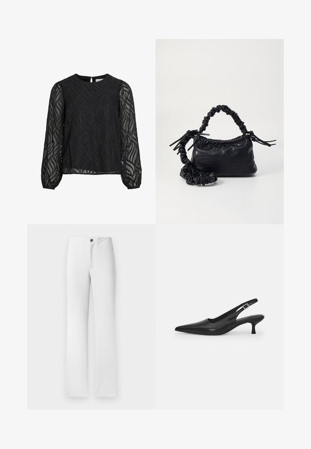 Čierna blúzka s dlhými priesvitnými rukávmi, textúrovaným listovým vzorom, okrúhlym výstrihom a malým očkem na zapínanie na chrbte.; Biele nohavice s rovnými nohavicami s uzatváraním na zlatý gombík, plochým predným dielom a hladkou textúrou látky. Žiadne viditeľné vzory ani ozdoby.; Čierne kožené sandále s úzkym špičatým prstom a štíhlym zakriveným podpätkom. Majú diskrétny nastaviteľný popruh s kovovou sponou.; Čierna umelá kožená kabelka s kroko vzorom, sťahovaným vrchom a zhnutým popruhom. Vyzerá mäkko a kompaktné v dizajne.