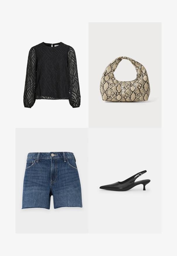 Svart blus med långa genomskinliga ärmar, texturerat bladmönster, rund halsringning och en liten nyckelhålsknapp bak.; Jeansshorts i mörkblått med rå nederkant. Har en femficksdesign och knäppning med metallknapp framtill. Sömnadsdetaljer genomgående.; Svart läder slingback-sandalett med spetstopp och en smal, böjd klack. Har ett diskret justerbart rem med en metallspänne.; Väskan i ormtryck har ett böjt handtag. Den är tillverkad av strukturerade, beige och bruna material och har ett distinkt diamantsmönster.