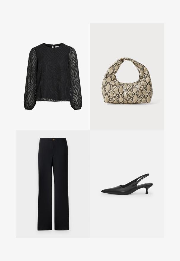 Čierna blúzka s dlhými priesvitnými rukávmi, textúrovaným listovým vzorom, okrúhlym výstrihom a malým očkem na zapínanie na chrbte.; Čierne nohavice so strihom s rovnými nohavicami, s prevedením na zlaté gombíky a hladkým, štruktúrovaným materiálom. Bez viditeľných vreciek alebo vzorov.; Čierne kožené sandále s úzkym špičatým prstom a štíhlym zakriveným podpätkom. Majú diskrétny nastaviteľný popruh s kovovou sponou.; Kabelka s hadím vzorom a zakriveným rukoväťou. Vyrobená z textúrovaných béžových a hnedých materiálov, s charakteristickým diamantovým vzorom.