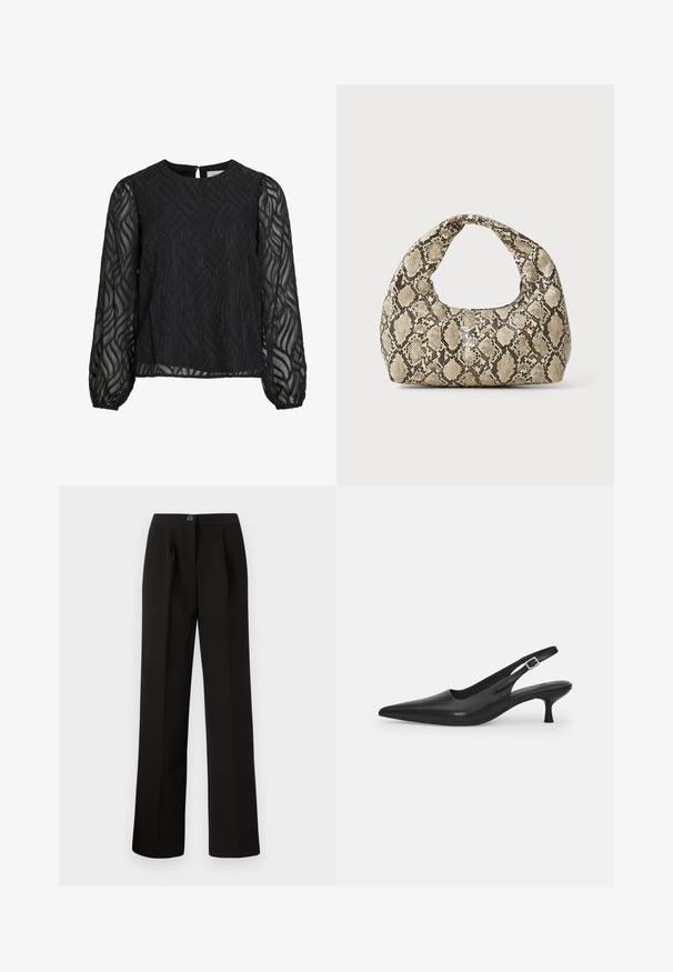Juoda bluzelė su ilgais permatomais rankovėmis, tekstūruotu lapų raštu, apvalia iškirpte ir mažu užsegimu gale.; Juodi kelnių su tiesiomis kojomis dizainu, turinčios priekinę klostę, mygtuko uždarymą ir glotnų, tekstūruotą audinį.; Juodos odinės slingback bateliai su smailiu nosiu ir plonu, lenktu kulnu. Yra diskretiška reguliuojama juostelė su metaliniu sagtimi.; Gyvatės rašto rankinė su kreiviu rankenėle. Pagaminta iš tekstūruotų smėlio ir rudos spalvos medžiagų, su išskirtiniu rombo raštu.