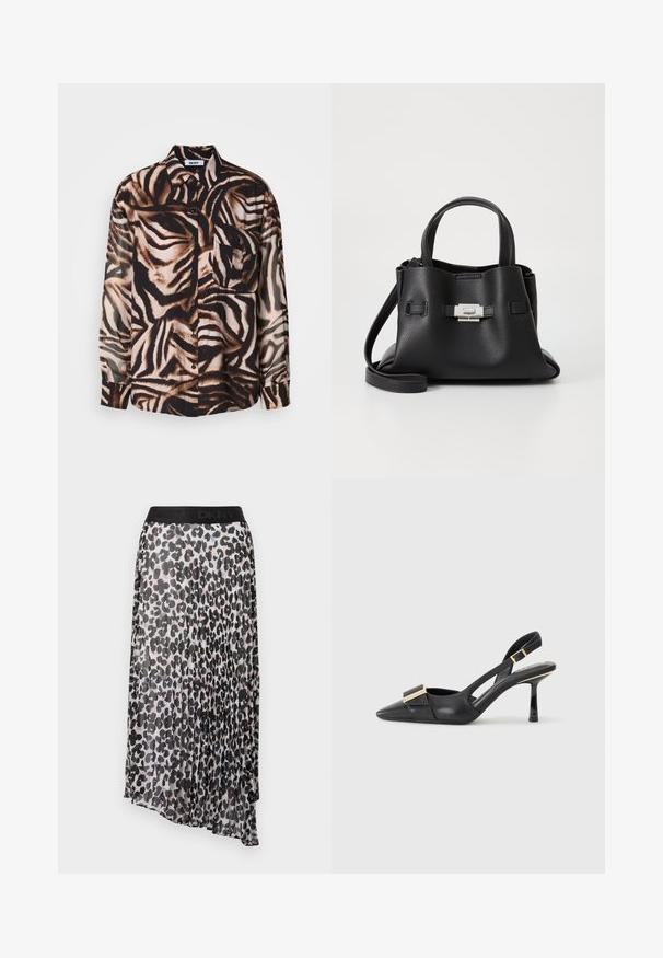 Cămașă cu mâneci lungi dintr-un material ușor, cu un model de zebra în nuanțe de maro și negru, având un închideri cu butoane în față și un singur buzunar pe piept.; Fustă midi plisată cu imprimeu leopard negru și bej, având un talie elastică neagră cu logo-ul DKNY. Material ușor, semi-transparent.; Pantof cu toc slingback din piele neagră, cu vârful ascuțit, toc subțire și accente de hardware în ton de aur pe partea superioară. Textură netedă și design structurat.; Geantă de mână din piele neagră cu o finisare texturată, având două mânere superioare, o curea de umăr detașabilă și un detaliu cu închidere din argint.