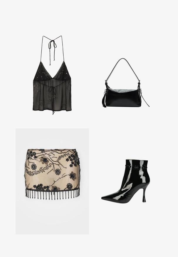 Camisola nera trasparente con spalline sottili, decorata con applicazioni di perline floreali e chiusura a fiocco frontale. Tessuto leggero e strutturato.; Mini gonna nera decorata con applicazioni floreali, paillettes e orlo in frange di perline. Realizzata in materiale trasparente con dettagli intricati.; Stivale alla caviglia in pelle verniciata nera con punta affusolata, finitura lucida, design elegante e tacco a stiletto sottile. Dettagli decorativi con fascette.; Borsa a tracolla in pelle nera con una tracolla curva, texture liscia, forma rettangolare, chiusura con zip e dettagli in metallo argentato.