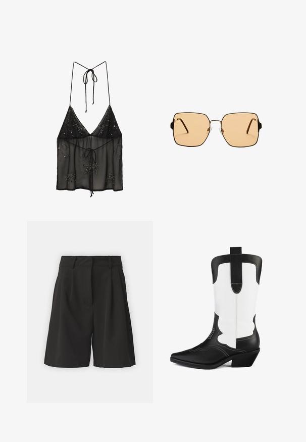 Čierna priesvitná tílko s ramienkami, s kvetinovou korálkovou výšivkou a predným viazaním. Ľahká a štruktúrovaná látka.; Čierne kraťasy s prispôsobeným strihom, so záhybmi na prednej strane, širokým pásom a hladkou textúrou. Bez viditeľných vreciek.; Čierno-biele kovbojské čižmy vyrobené z umelých kože, s špicatou špičkou, ryhovaným dizajnom a nízkym blokovým opätkom. Výrazná inkrustácia šitia.; Štvorcové slnečné okuliare s hnedými sklami a tenkým čiernym kovovým rámom. Vlastnosti zahŕňajú šikmé ramienka a nastaviteľné nosové podložky pre väčšie pohodlie.; Čierna tkaná taška cez plece s hladkým koženým remienkom a zipsovým uzáverom. Disponuje štruktúrovaným povrchom a zakriveným tvarom.