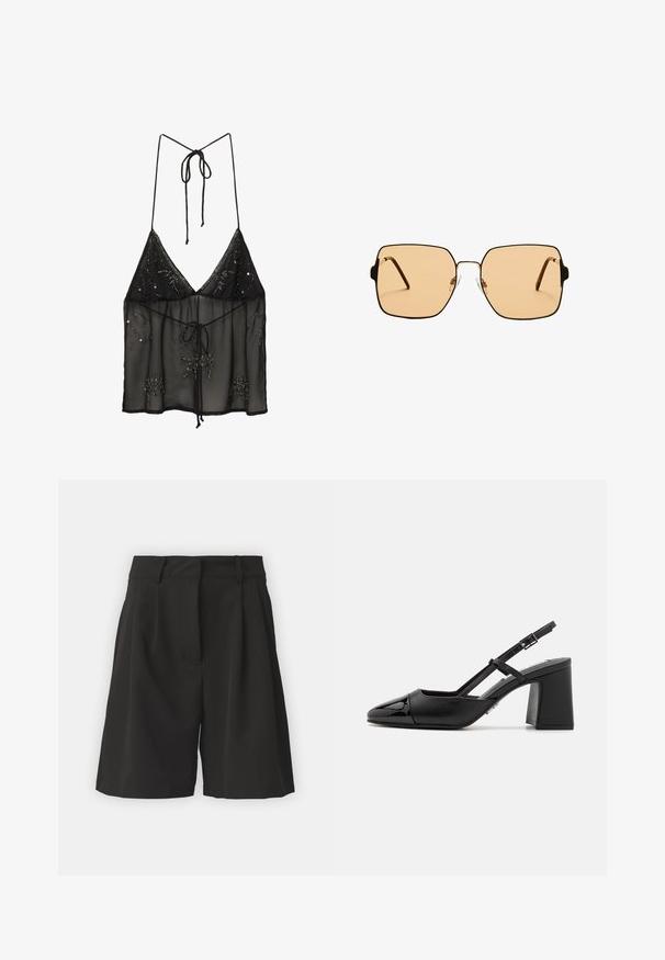 Camisola nera trasparente con spalline sottili, decorata con applicazioni di perline floreali e chiusura a fiocco frontale. Tessuto leggero e strutturato.; Pantaloni corti neri con un design sartoriale, dotati di pieghe sul davanti, una vita larga e una texture liscia. Nessuna tasca visibile.; Décolleté in vernice nera con punta a punta, tacco a blocco e cinturino regolabile. Texture liscia e design minimalista.; Occhiali da sole quadrati con lenti marroni e una sottile montatura in metallo nero. Presentano tempie angolari e naselli regolabili per il massimo comfort.; Borsa a spalla nera intrecciata con tracolla in pelle liscia e chiusura con zip. Presenta una superficie texturizzata e una forma curvata.