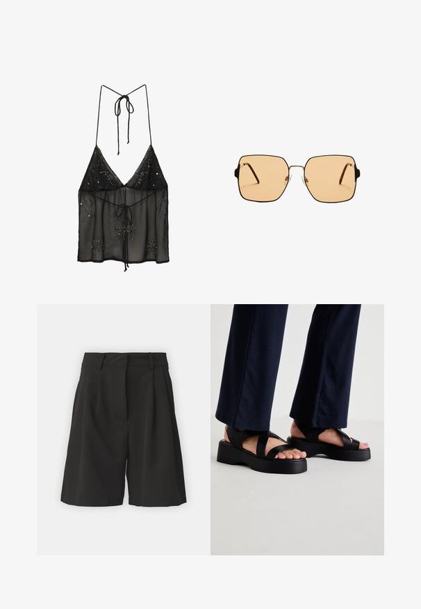 Czarna przezroczysta kamizelka na ramiączkach typu spaghetti, ozdobiona koralikowymi akcentami w kwiatowe wzory i z zapięciem na sznurki z przodu. Lekki i teksturowany materiał.; Czarne spodenki o dopasowanym kroju, z plisami z przodu, szerokim pasem i gładką teksturą. Brak widocznych kieszeni.; Czarne platformy sandały z szerokimi krzyżującymi się paskami i grubą podeszwą. Górna część wykonana jest z gładkiego materiału, z otwartym noskiem.; Kwadratowe okulary przeciwsłoneczne z brązowymi soczewkami i cienką, czarną metalową oprawą. Posiadają skośne zauszniki i regulowane noski dla większego komfortu.; Czarna, pleciona torba na ramię z gładkim skórzanym paskiem i zapięciem na zamek. Charakteryzuje się teksturowaną powierzchnią i zakrzywionym kształtem.