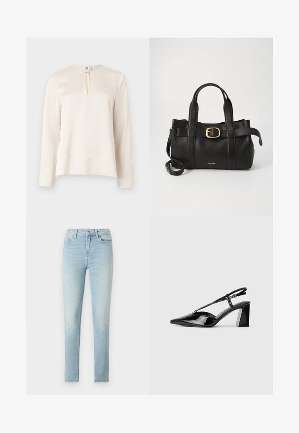 Kremfarget bluse med lange ermer, rund hals, frontfold og skjult glidelås bak. Glatt, silkeglatt tekstur.; Lyseblå skinny jeans med en falmet vask, fem-lomme design, glidelås og knappe-lukking, og lett stretch for komfort.; Sorte lakkormede slingback høye hæler med spiss tå, justerbar stropp og kraftig rektangulær hæl.; Svart lærveske med en strukturert design, doble topphåndtak, gullfarget spenneakent og preget merke-logo foran.